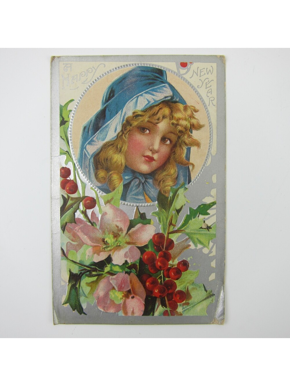 Antique Postcard New Year Blonde Girl Blue Hood Flowers Silver Embossed 1909